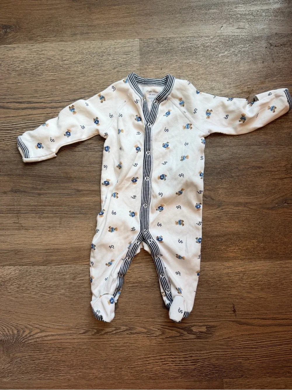 Ralph Lauren Cream Footie One-Piece with Navy Trim and Blue Print